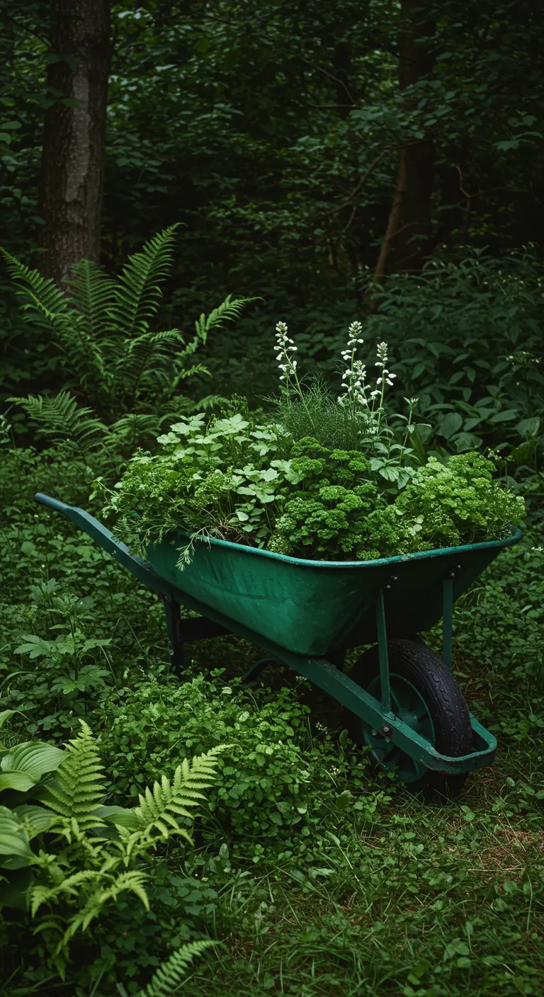 A dark green wheelbarrow filled with parsley and other herbs, nestled amongst ferns in a forest.