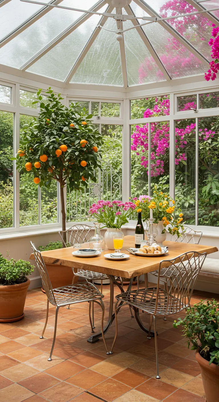 Dining table in a glass conservatory filled with plants and flowers, with terracotta floor tiles.