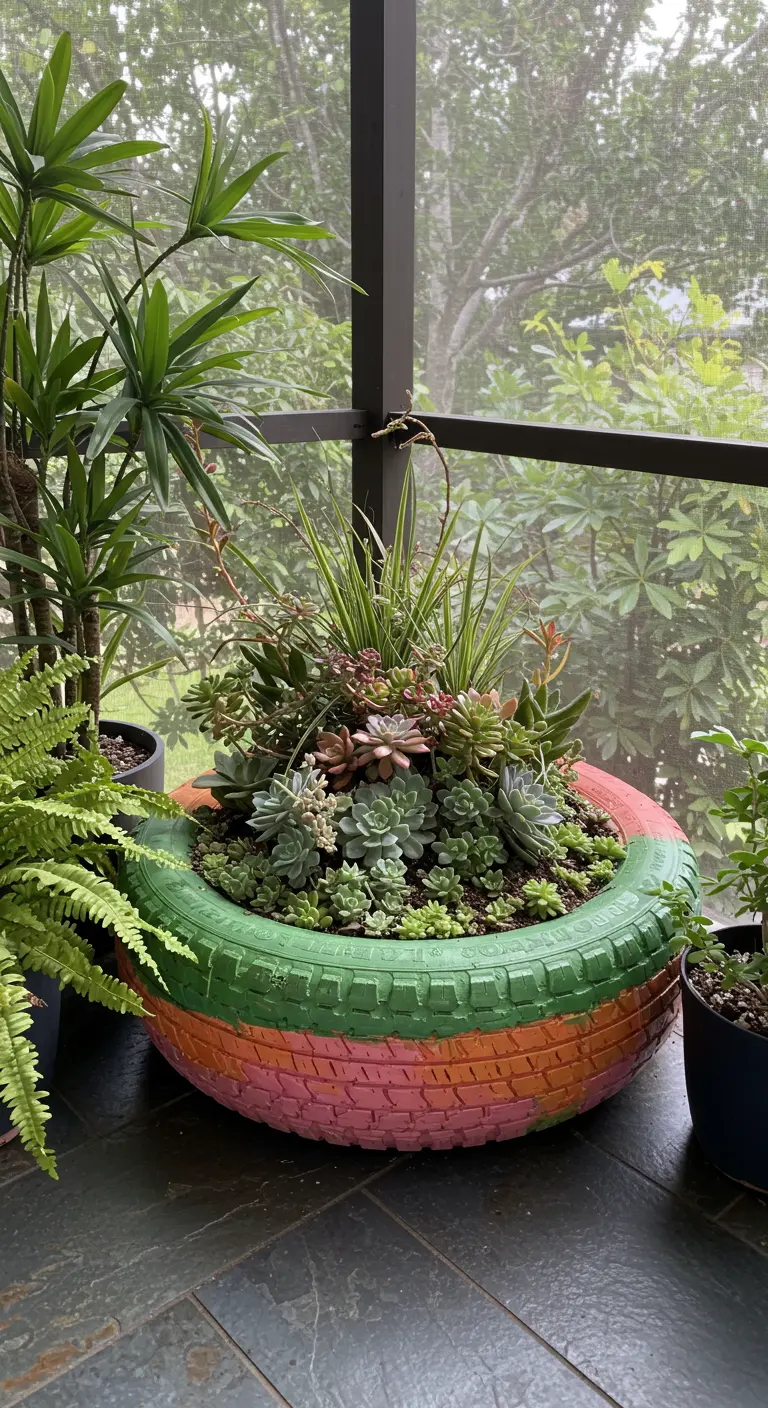 A colorful striped tire planter filled with various succulents on a screened porch.
