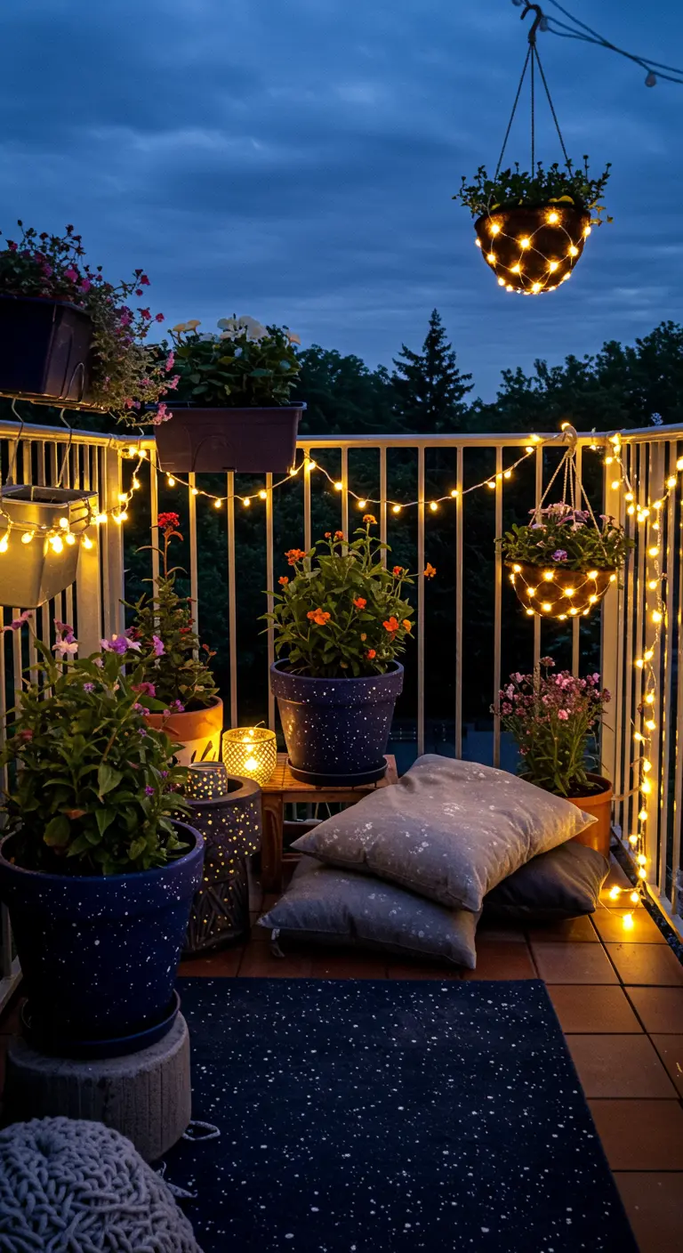 A balcony at dusk, illuminated by glowing fairy lights on the railing and in baskets.