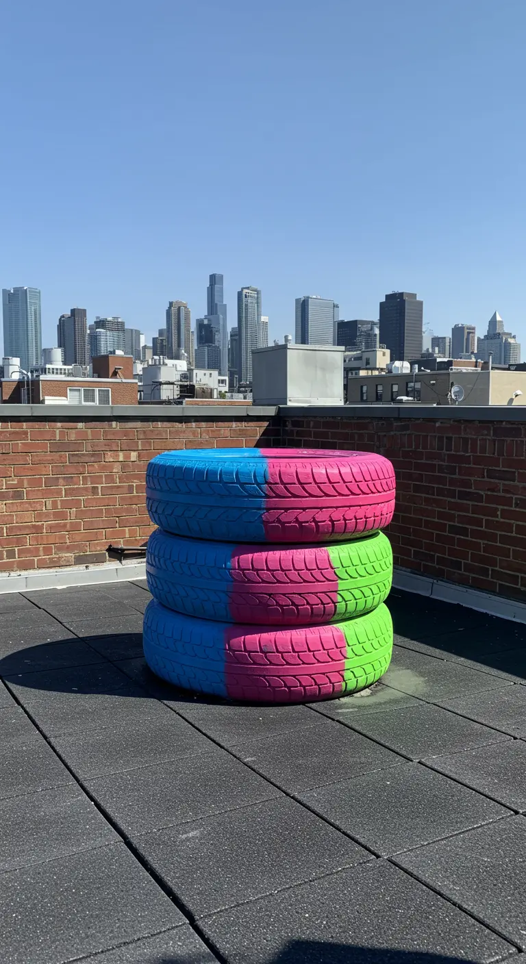 A stack of three brightly painted tires on a city rooftop with a skyline view.