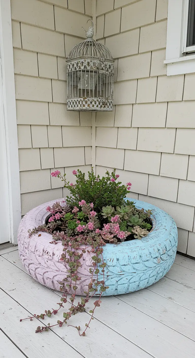 A distressed tire painted half pink and half blue, filled with trailing succulents.