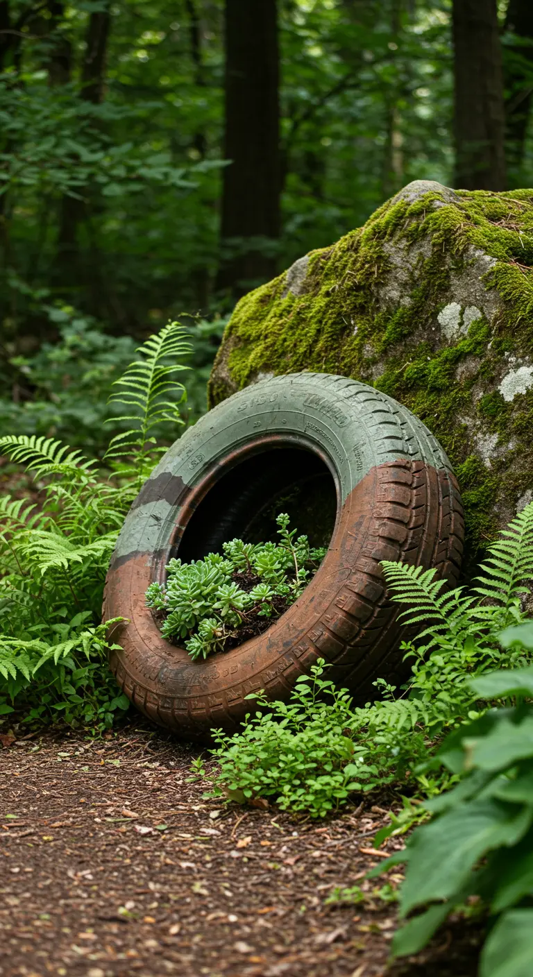 A tire painted half-green and half-brown sits among ferns in a forest.