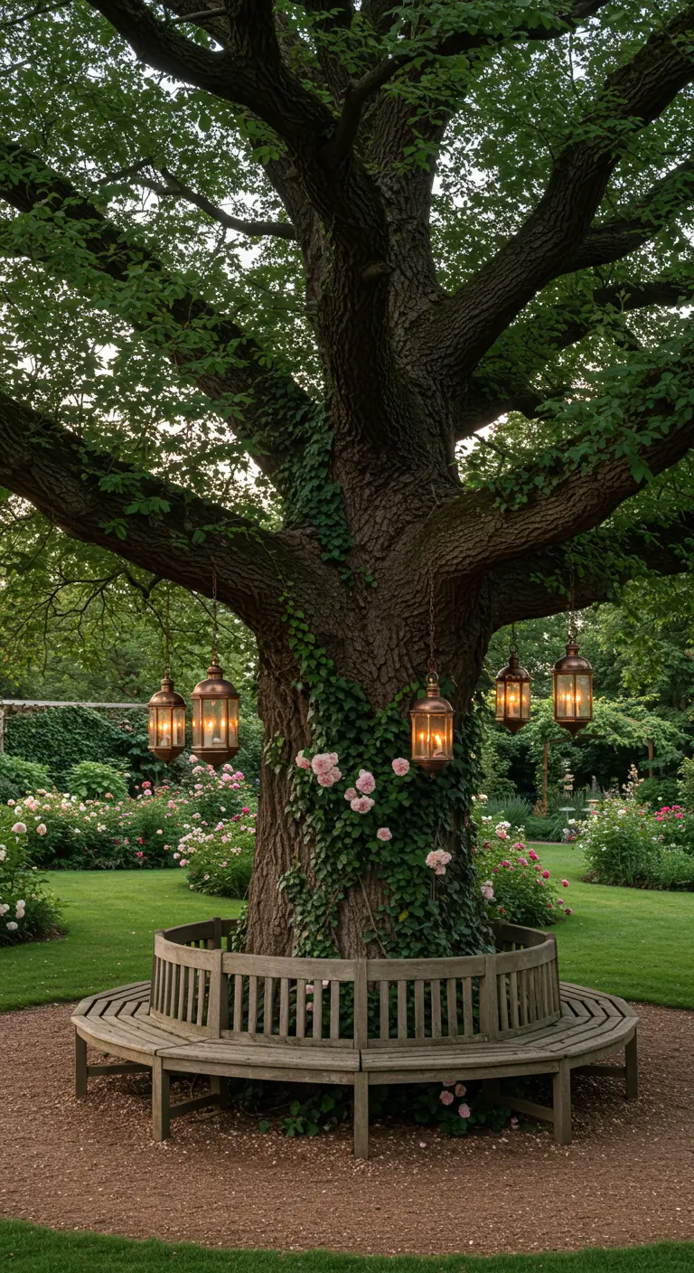 A circular wooden bench built around a large tree trunk, with hanging lanterns and climbing roses.